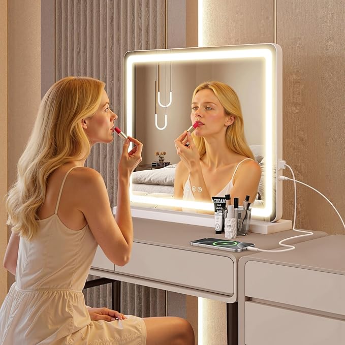 DUMOS 19"x22" LED Vanity Mirror with Lights, Dimmable 3 Color Modes Makeup Mirror with Memory Function, USB Charging, Aluminum Frame, Lighted Mirror for Desk or Bedroom