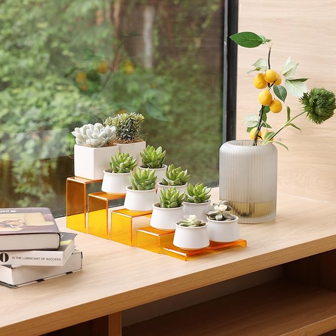 Goabroa Display Risers, 2 Sets 5 Tier Rectangular Risers Display Stands, Display Shelves for Figures, Cupcake, Perfume Display, Transparent Orange