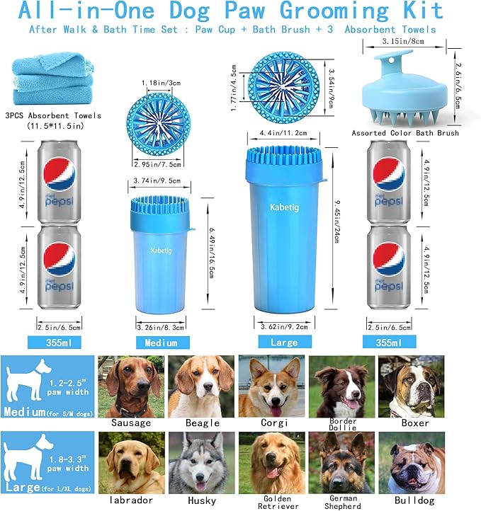 Dog Paw Cleaner Kit for L/XL Dogs - Quick Clean No Full Bath, 2-in-1 Paw Wash Cup with Detachable Silicone Brush Head, Includes Bath Brush & 3 Absorbent Towels, Blue