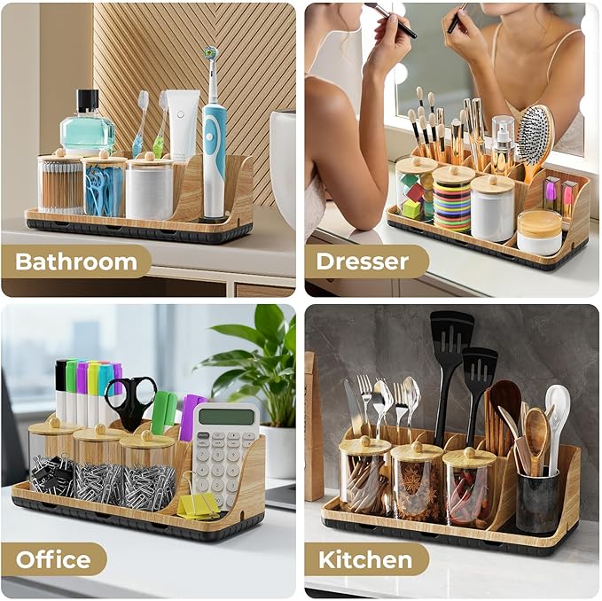 PARKMANI Bathroom Counter Organizer, Bathrooms Toothbrush Holder Set with 3 PCS Qtip Holder, Kids Electric Toothbrush and Toothpaste Holder Organizer Drainage for Bathroom Accessories (Wood Grain)