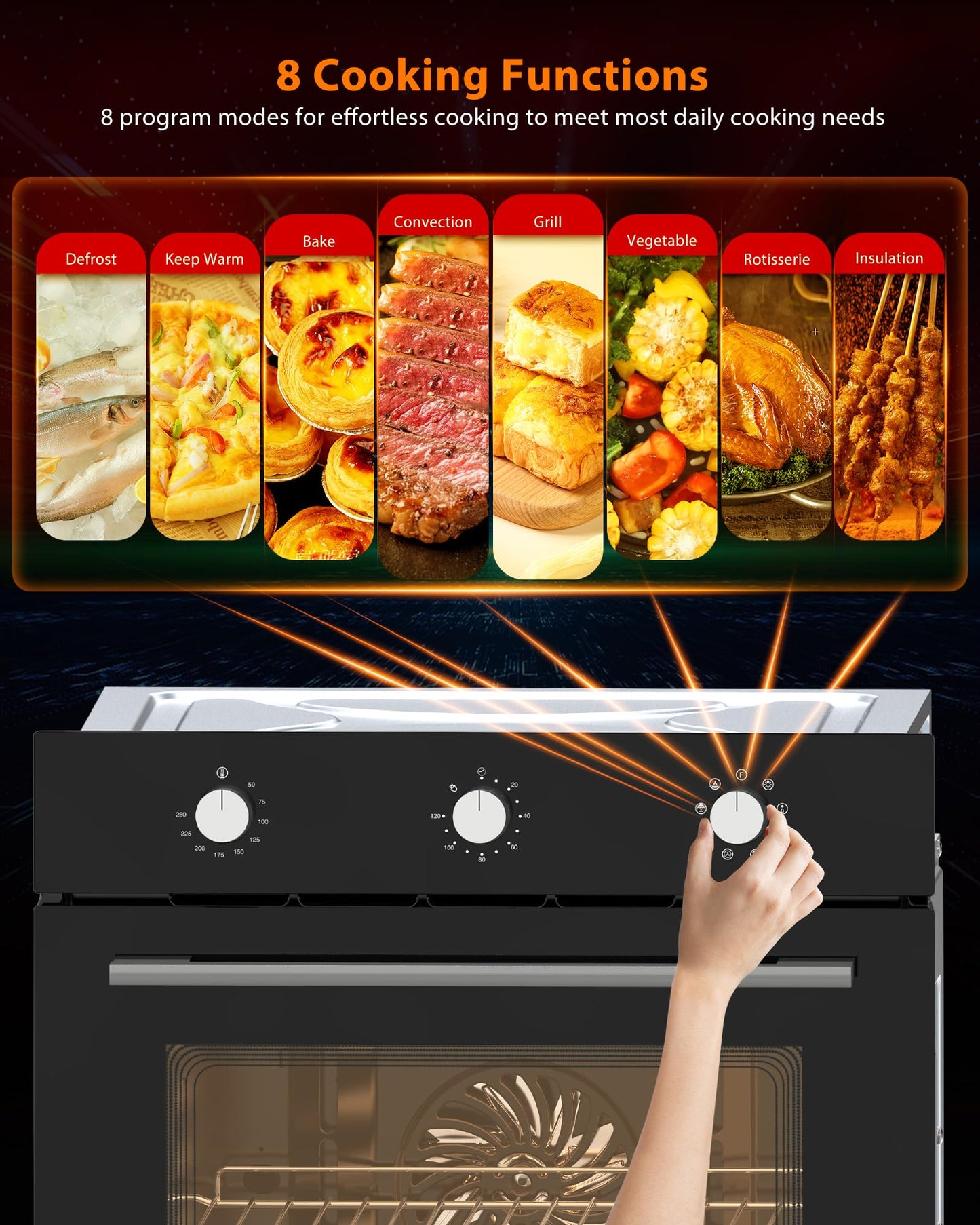 24 Inch Built-in Electric Single Wall Oven, 2.5 Cu.ft Stainless Steel Convection Oven with 8 Cooking Functions, Mechanical Knob Control, 500℉ Max Temperature, 3-Layer Tempered Glass Door
