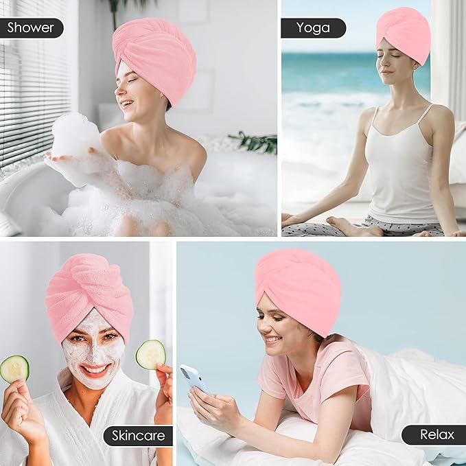 TENSTARS 5 Pack Thicken Microfiber Hair Towel Wrap for Women - Elastic Loop Design - 320GSM Coral Velvet - Quick Dry Hair Turban - 11x28 Inch (Pink)