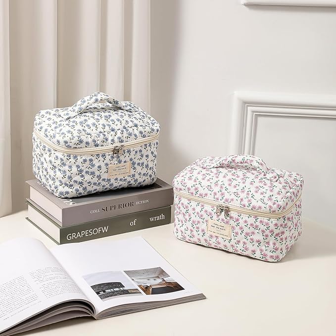 uekeboag Large Travel Quilted Makeup Bag for Women, Floral Cotton Cosmetic Bag, Coquette Aesthetic Floral Toiletry Organizer Bag