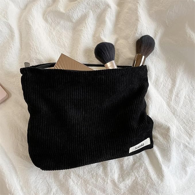 Cosmetic Bags for Women - Corduroy Cosmetic Bag Aesthetic Women Handbags Purses Smile Dots Makeup Organizer Storage Makeup Bag Girls Case Bags (Pure Black)