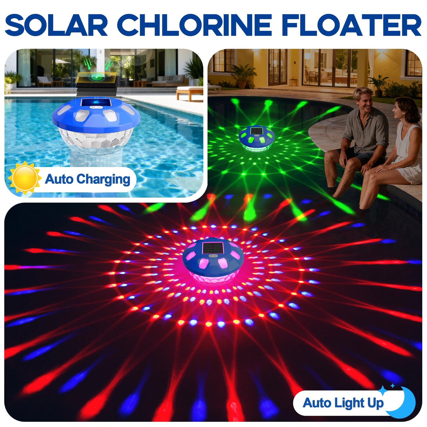 AquClor Chlorine Floater with Light,Pool Chlorine Floater with Adjustable Flow,Solar Chlorine Floater w/Large Capacity,Collapsible Floating Chlorine Dispenser for Pool,Hot Tub Chlorine Floater,Blue