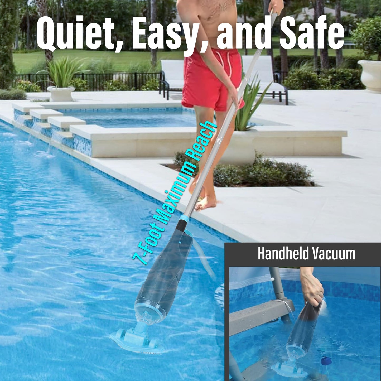Rechargeable Handheld Pool Vacuum Set with Adjustable Pole and 2 Interchangeable Brush Heads, Ideal for Above-Ground Pools, Hot Tubs, Spas, and Small Pools up to 20ft – Cordless Spot Cleaner(Blue)