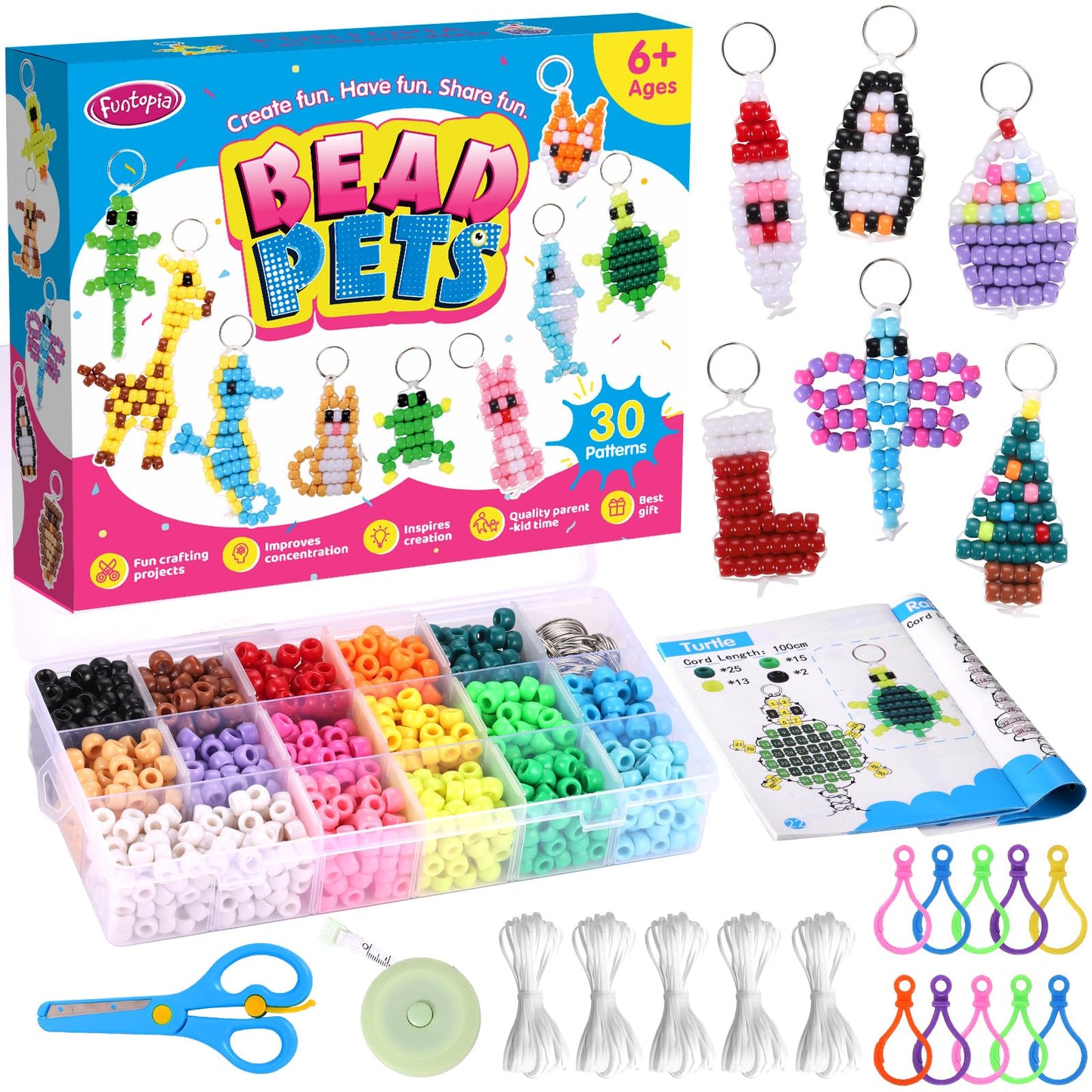 Funtopia Beads for Crafts, Pony Beads Keychain Making Kit, Bead Pets Art Crafts for Kids Beginners, Birthday Party DIY Craft for Girls Boys (1500 Bead, 30 Designs)