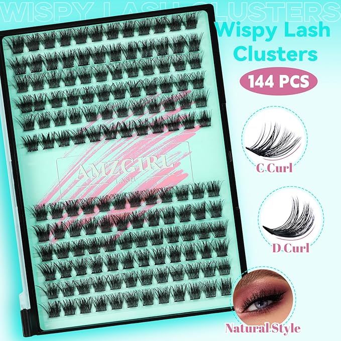 Wispy Lash Clusters Eyelash Extensions 144pcs Individual Lashes Cluster 16mm C Curl Fake Eyelash with Thin Band DIY Cluster Lashes At Home For Beginners (C-16mm)