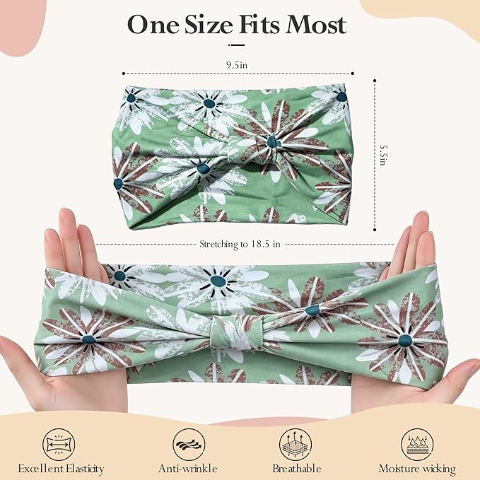 HSEM Sports Headbands for Women – 6 Pack Stretchy Non-Slip Wide Hair Bands – Soft Thick Elastic Sweatbands for Workout, Washing Face, Makeup, Running, Spa & Daily Fashion 1 Green Floral 5 Mixed 2-10
