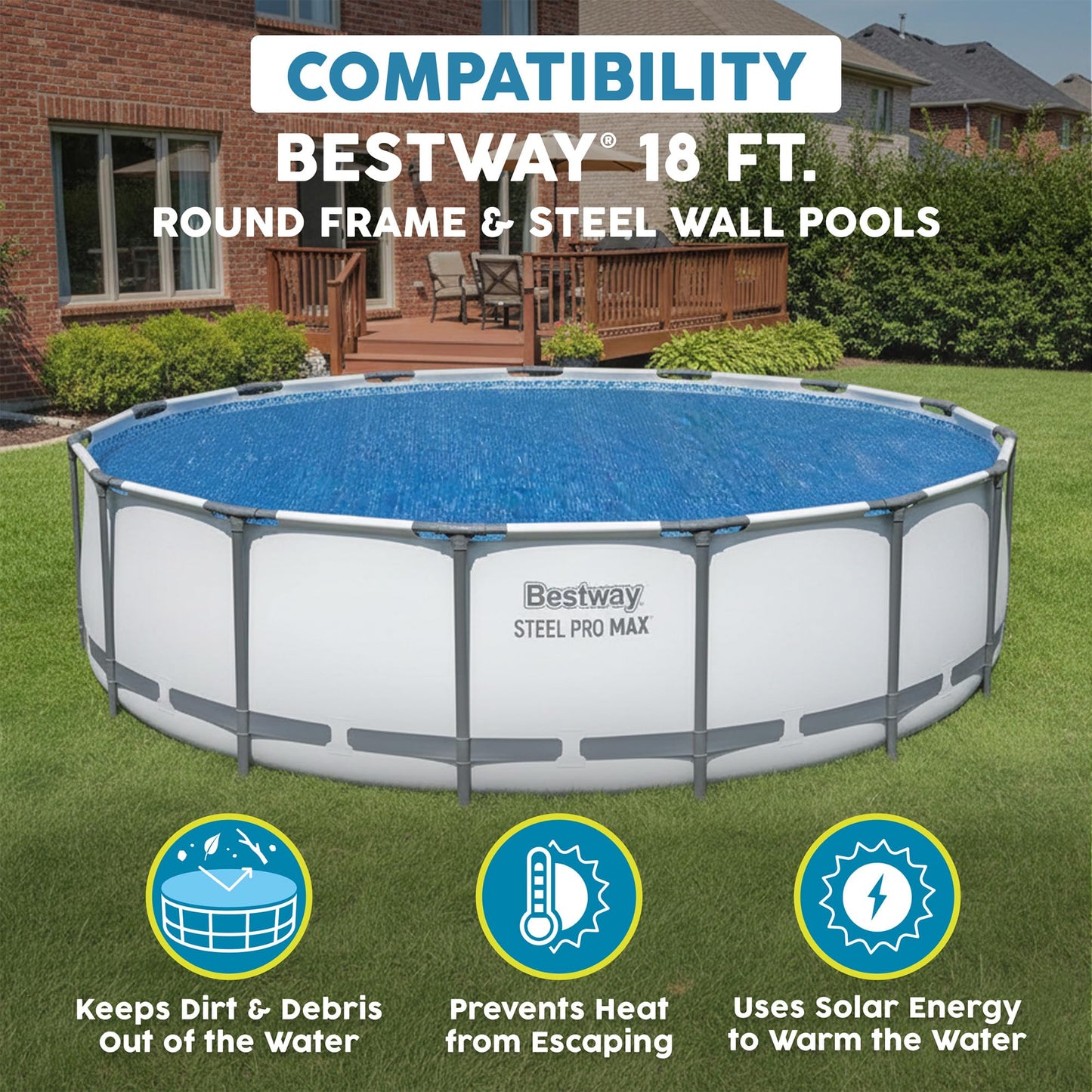 Bestway Round Solar Pool Cover for 18' Above Ground Pool - Frame and Steel Wall Models, Solar Heating Protector with Outdoor Leaf & Debris Protection