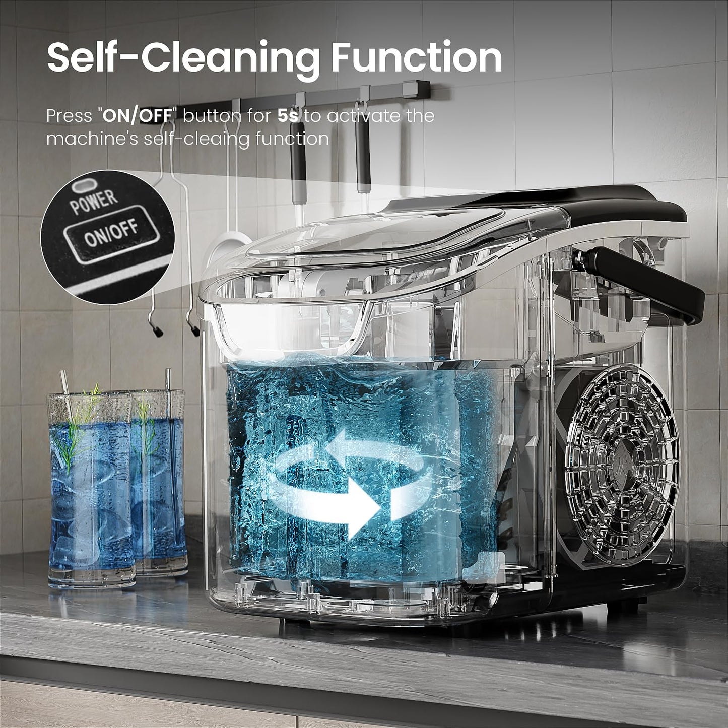 Countertop Ice Maker Machine – 8 Bullet Ice in 6 Mins, 26.5lbs/24Hrs Output – Self-Cleaning Portable Design with Selectable Ice Size & Touch Display for Home/Office/Bar