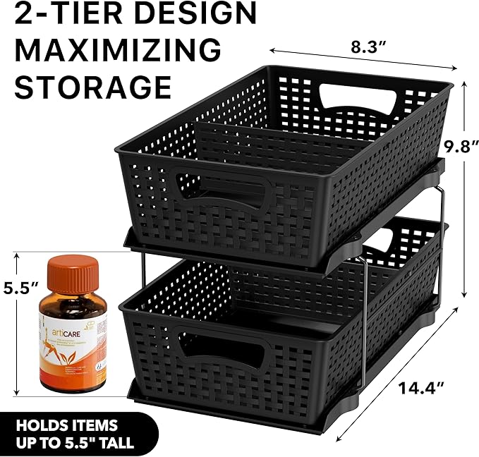 Simple Houseware 2 Tier Bathroom Organizer Tray Pull-Out Sliding Drawer, Under Sink Storage, Black