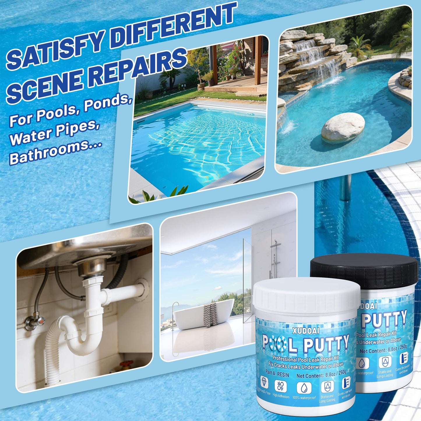 Pool Putty, 17.6oz/500g 2 Part Epoxy Pool Putty for Underwater or Above-Water Crack Leak Filling and Repair, Sealing and Repair of Holes and Damage in Fiberglass, Concrete and Tile Surfaces (White)