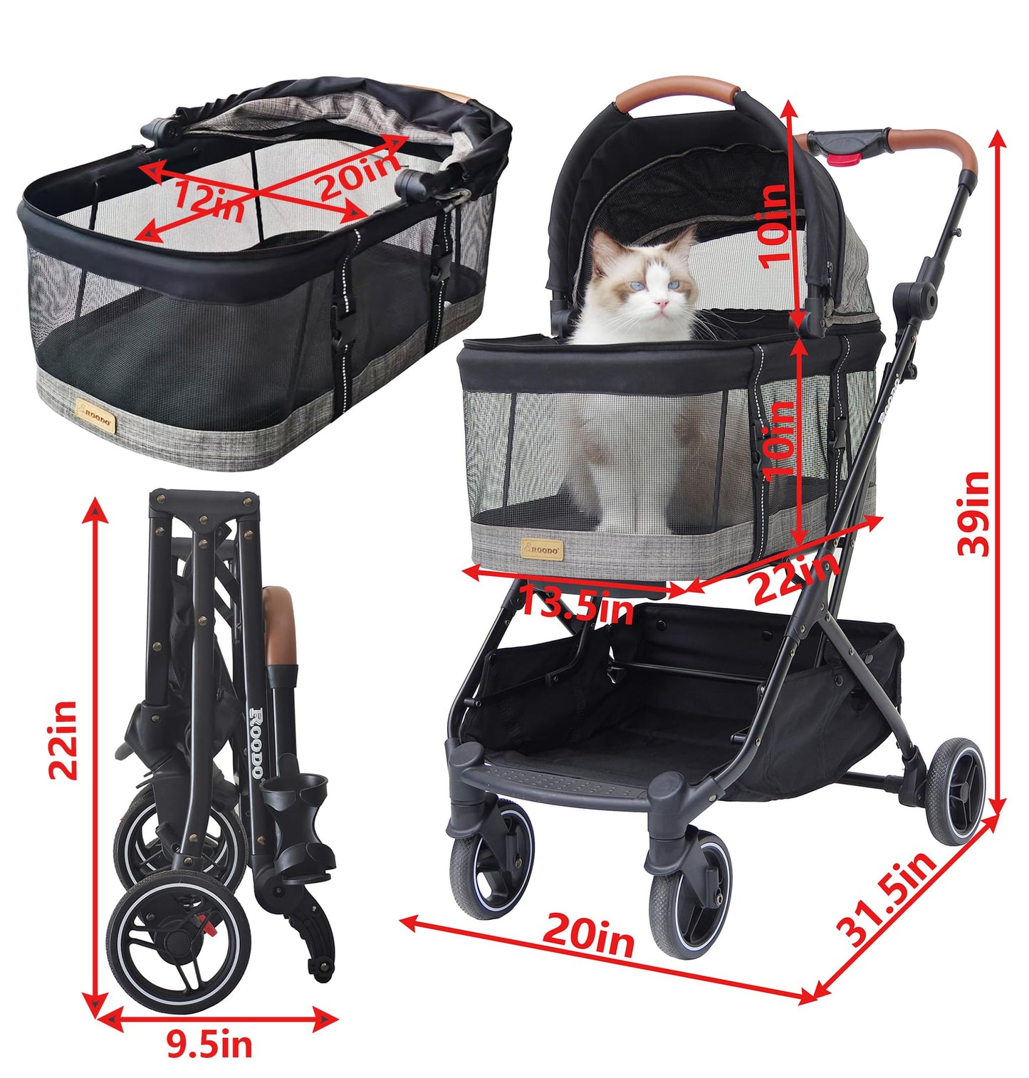 ROODO 2026 Upgraded Version 3-in-1 Dog Cat Stroller with Detachable Carrier Folding Lightweight Portable Travel Pet Gear All-Terrain Puppy Doggie Kitty Bunny Stroller for 35 lbs(Grey Lattice)