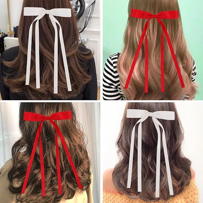 Red Hair Bows Clips Coquette Ribbon Bowknot with Long Tail Princess Hair Bows French Barrettes Hair Accessories for Women Girls 16PCS (Red, Cream)