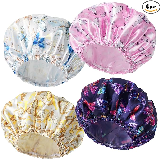 Shower Cap for Women,4 PCS Elastic and Reusable Bath Caps, Double Layers Shower Caps Reusable Waterproof, Bathing Shower Caps, Environmental Bath Hair Protection Cap - Butterfly D