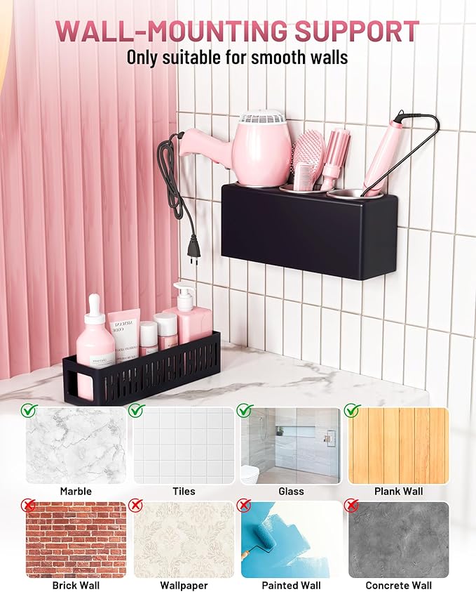 Hair Tool Organizer, Detachable Hair Dryer Holder with 3 Stainless Steel Cups, Wall Mounted Bathroom Organizers and Storage for Accessories, Curling Irons, Straighteners, Toiletries, Makeup
