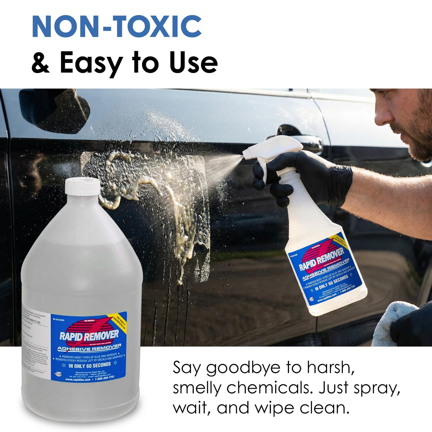 Rapid Tac Rapid Remover Adhesive Remover 128 oz (1 Gallon) | Removes Most Adhesives in 30–60 Seconds | Safe Water-Soluble Formula | Cold Weather Ready | for Vinyl Wraps, Graphics, Decals, and Stripes
