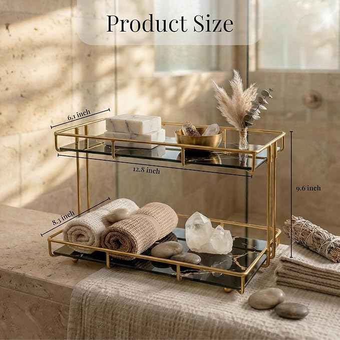 2-Tier Black Marble Bathroom Countertop Organizer Ã¢ÂÂ Glass Shelves & Gold Metal Frame, Stylish Vanity Storage Shelf for Perfume, Skincare, Makeup & Toiletries