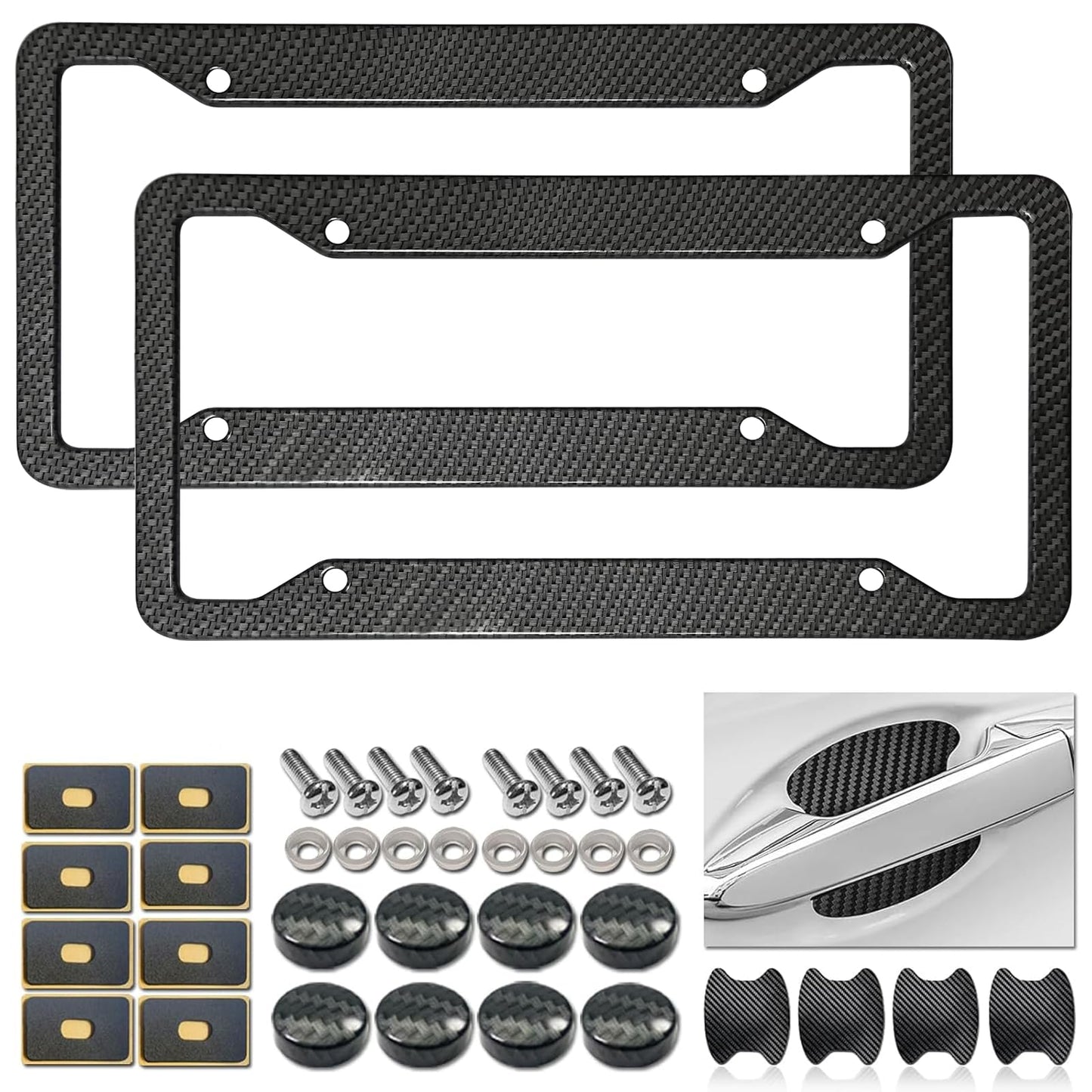 Carbon Fiber License Plate Frames- Black Carbon Pattern Aluminum Front & Rear Car Tag Holder Cover 2 Pack with Mount Hardware, Screws, Caps, Handlebar Stickers