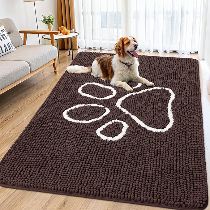 Smiry Dog Door Mat for Muddy Paws, Absorbent Dirt Trapper Non Slip Quick Dry Washable Chenille Mat for Mud Dogs, Entry Rug for Indoor and Outdoor (70x32 Inches, Brown and White)