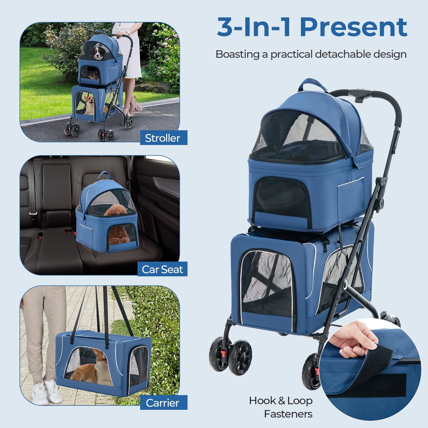 Giantex Double Dog Stroller for 2 Dogs, Detachable Carriers, Safety Belt, 4 Lockable Wheels, Pet Travel Carrier Strolling Cart, Folding Cat Stroller for Small Medium Pets Dogs (Blue)