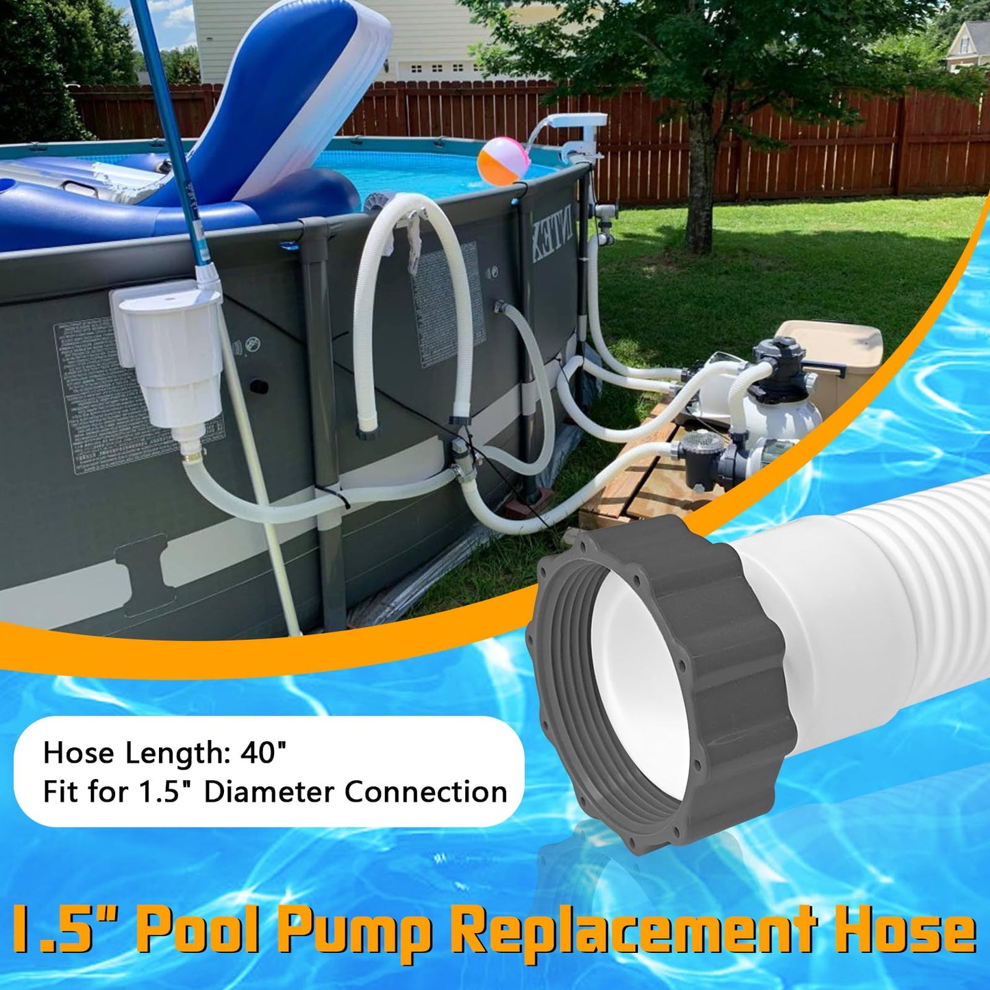 Boltigen 2Pcs 1.5'' Diameter Pool Sand Filter Pump Hose, 40inch Pool Pump Replacement Hose for Above Ground Pools, Flexible Water Pool Hose Set for Filter Pump and Saltwater Systems