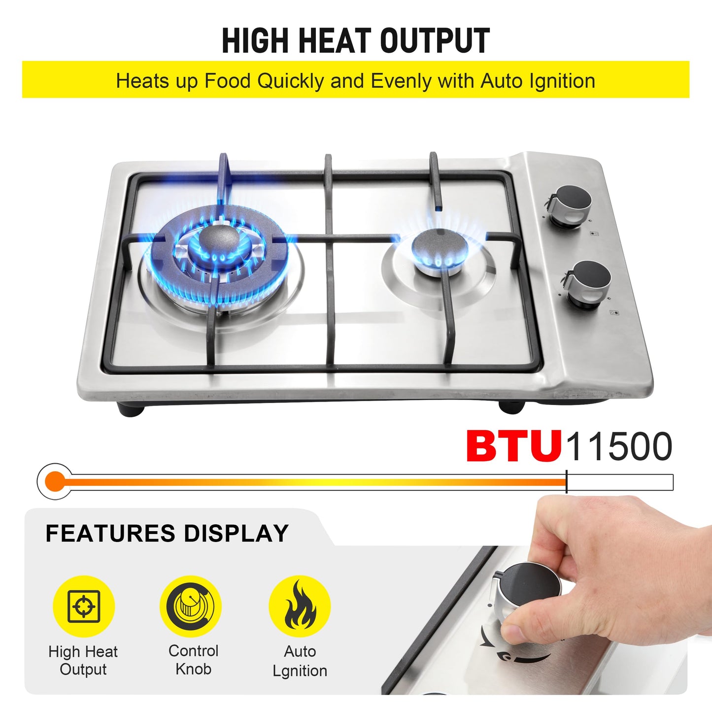 Gas Cooktop12Inch,Built in Gas Cooktop 2 Burners Stainless Steel Stove with NG/LPG Conversion Kit Thermocouple Protection and Easy to Clean