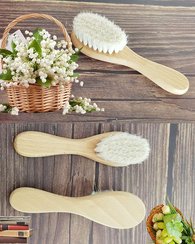 Baby Hair Brush, Mocokkiti Goat Bristles Brush and Baby Cradle Cap Brush Set for Cradle Cap Wood Bristle Brush for Newborns and Toddlers, Blue Silicone Brush (2PCS)