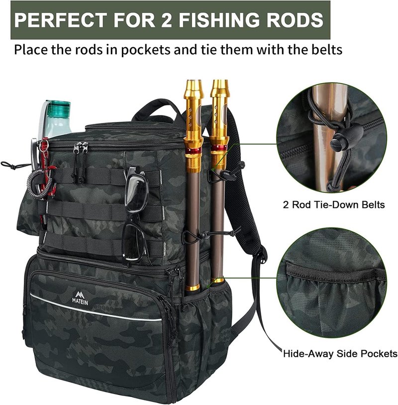 MATEIN Fishing Backpack, Water Resistant Tackle Storage Bag with Rod Holders & Cooler, Fishing Gifts for Men