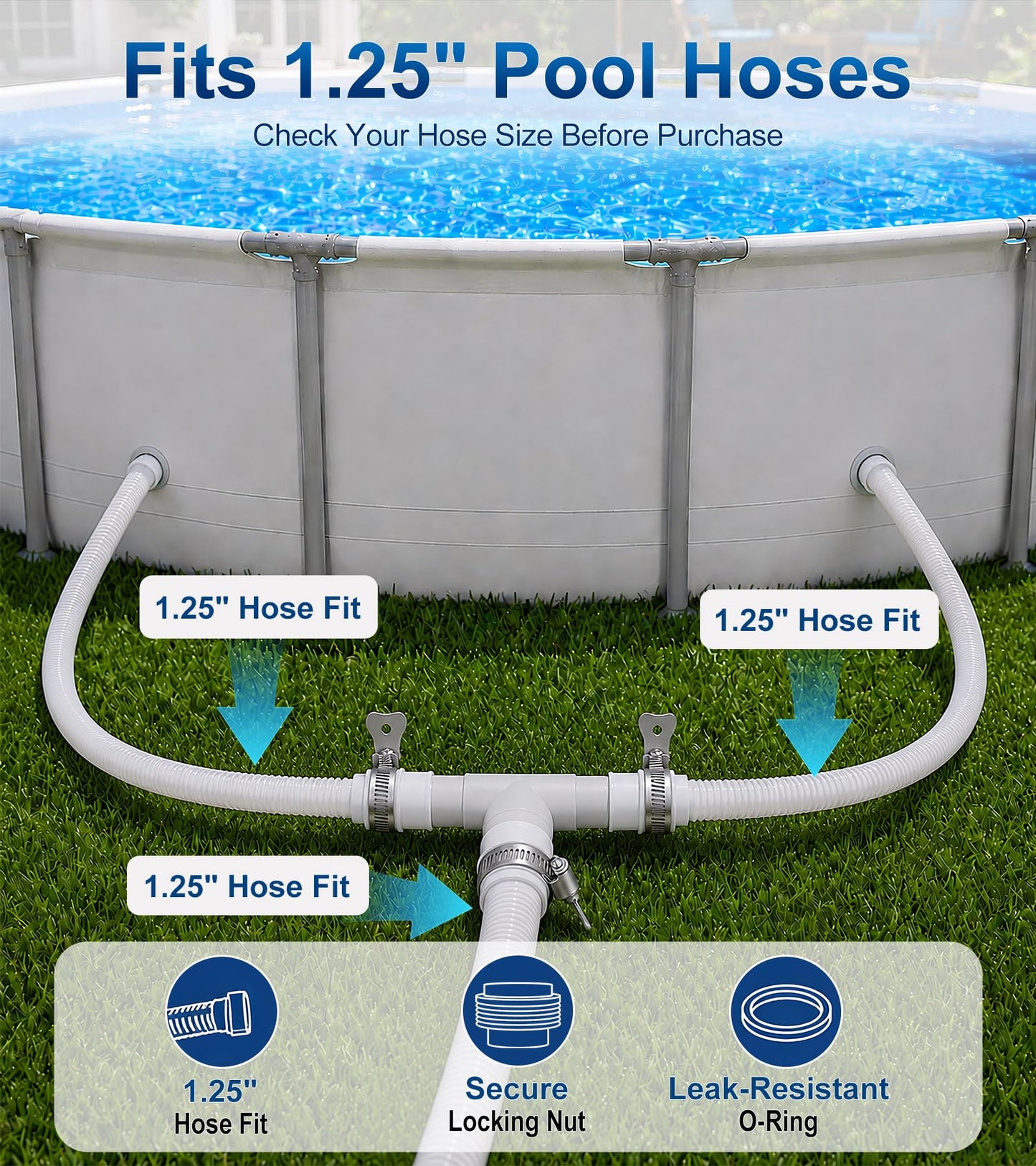 Pool Hose Connector for Leak-Proof Dual Seal and Stable Water Flow, 1.25" to 1.25" T-Joint Pool Hose Adapter for Pool Parts and Accessories Replacement, Easy No-Tool Install for Above Ground Pools
