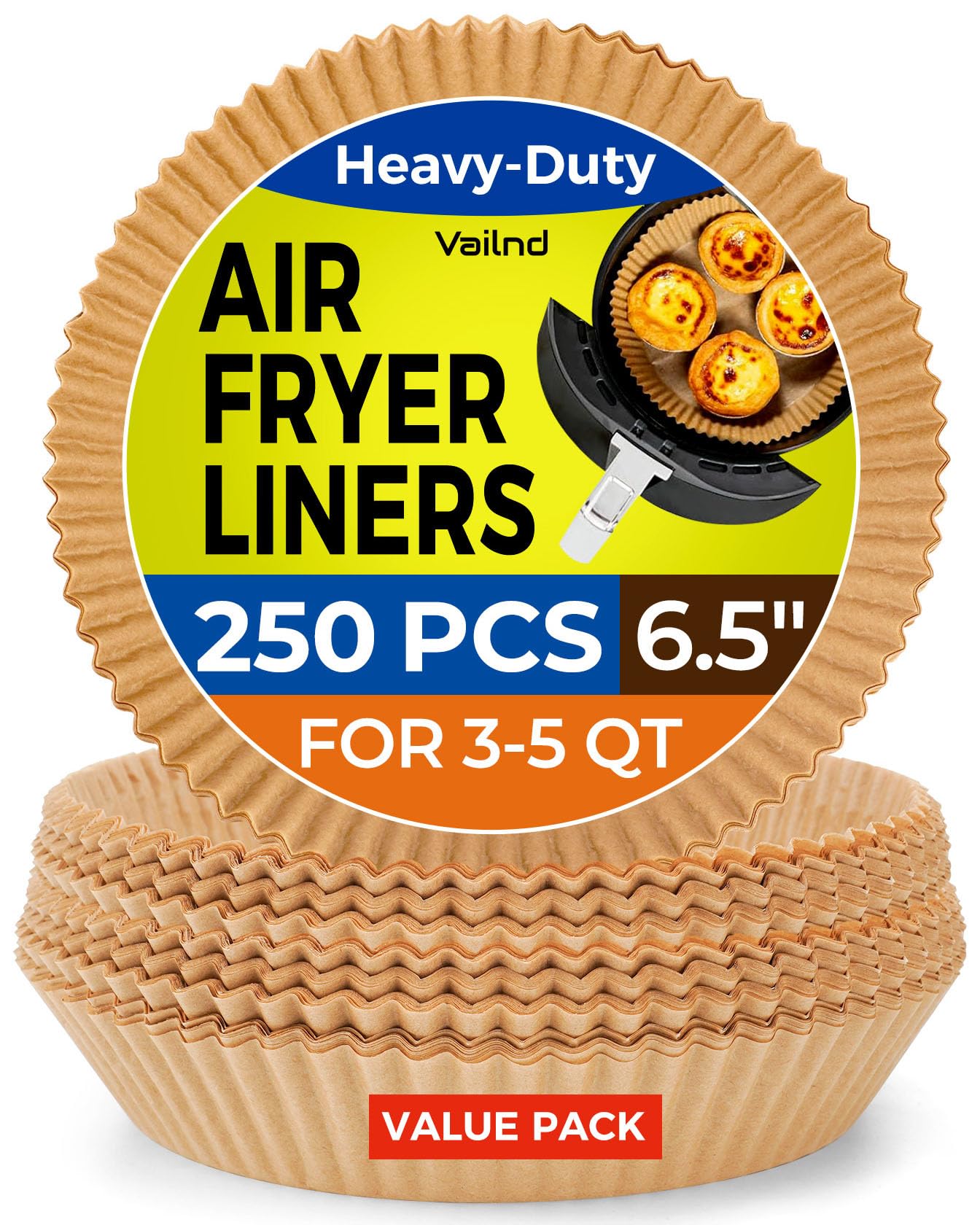 250 Pcs Air Fryer Liners Disposable, 6.5" Round Unbleached Parchment Paper Sheets for Airfryer Basket, Non-Stick & Leakproof Baking Liners for Oven Pan