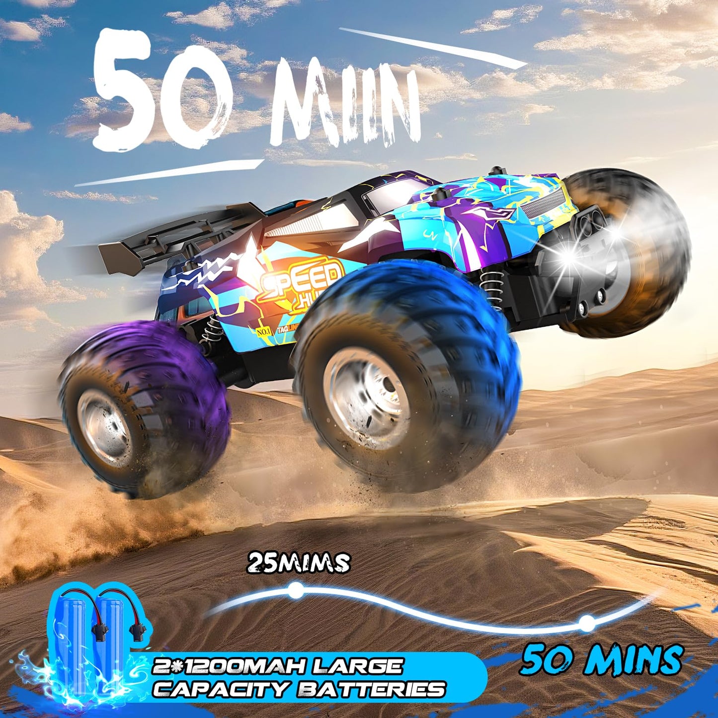 Remote Control Car, 1:18 2WD Off-Road RC Truck 20 KM/H, All-Terrain RC Cars with Headlights, BodyLights, 2.4GH Rechargeable Remote Control Monster Truck, Christmas or Birthday Gift Toys for Boys Girls