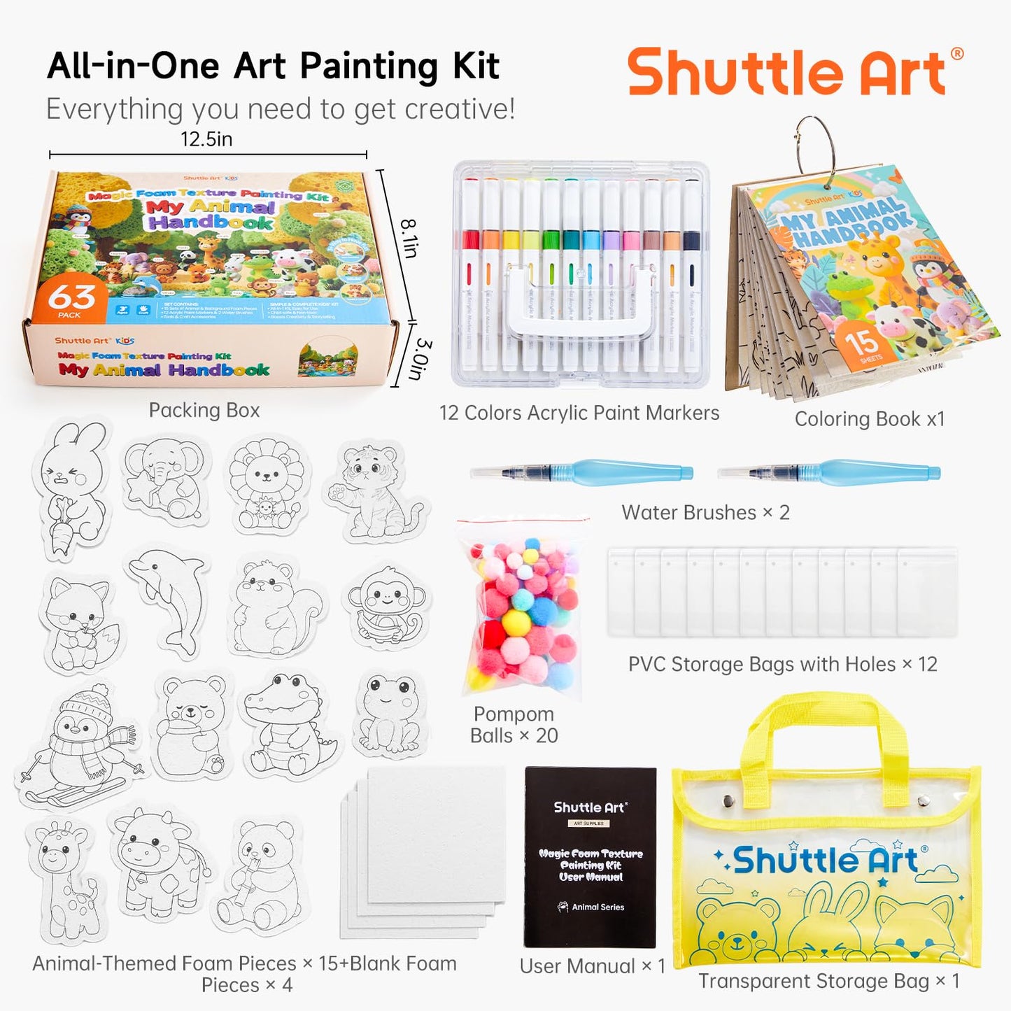 Shuttle Art 63 Pcs Magic Foam Texture Painting Kit – Animal Series: 15 Animal Foam Pieces, Coloring Book with 15 Scenes, 12 Acrylic Paint Markers, Magical 3D Effect DIY Art Craft