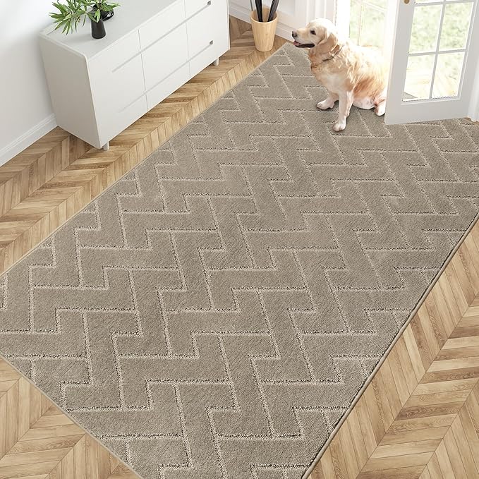 PURRUGS Easy Care Area Rug 4.5ft x 7ft, Non-Slip Machine Washable Entry Rug, Dog Door Mat, Stain Resistant Accent Rug for Hallway, Bedroom, Living Room and Mudroom, Taupe