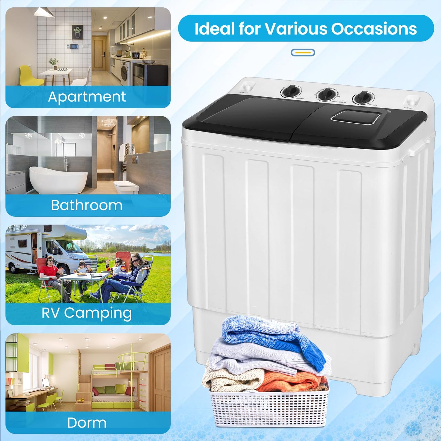 Nictemaw Portable 30Lbs Twin Tub Washing Machine Washer and Dryer Combo, Compact Laundry Machine with Drain Pump, Time Control, Semi-Automatic 19Lbs Washer and 11Lbs Spinner for Apartment Dorms RV