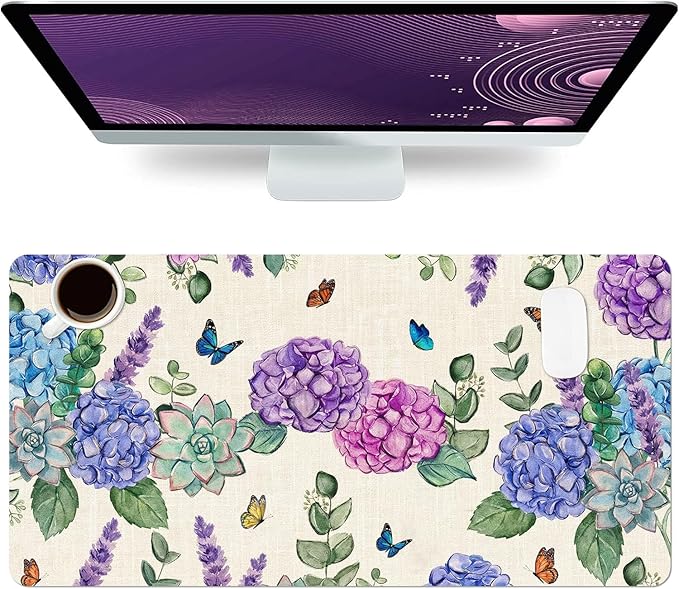 Large Mouse Pad, Hydrangea Desk Mat for Desktop, Women Girls Flowers PU Leather Waterproof Desk Pad, Computer PC Laptop Protector Gaming Mouse Pads for School Office Home (31.5" x 15.7")