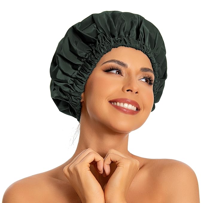 Reusable Shower Cap for Women, Large Waterproof Shower Bonnet with Elastic Band, Washable Bath Hair Cap for Long, Curly Hair, Braids, Daily Shower, Home Spa, Travel(Dark Green)