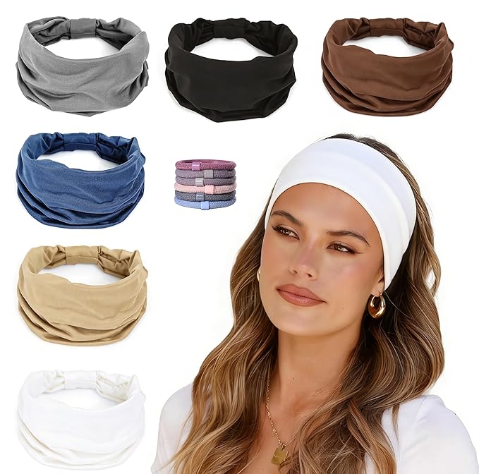 Wide Headbands for Women - 6 Pack Thick Stretchy Elastic Cloth Head Bands for Women's Hair, Non Slip Sweat Bands Soft Workout Headbands for Running, Makeup Headband for Washing Face, Spa & Skincare