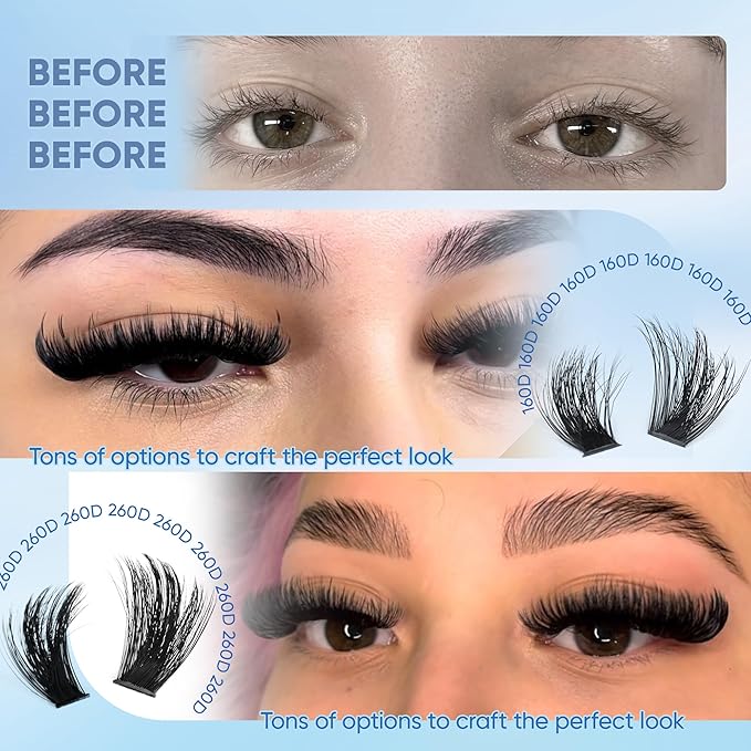CORUSCATE Lash Clusters Kit 160D+260D Eyelash Clusters 12-24mm Long Lash Extension Kit thick Cluster Eyelash Extensions Volume Strip Mink Lashes Individual Dramatic Lash Kit with Lash Bond and Seal