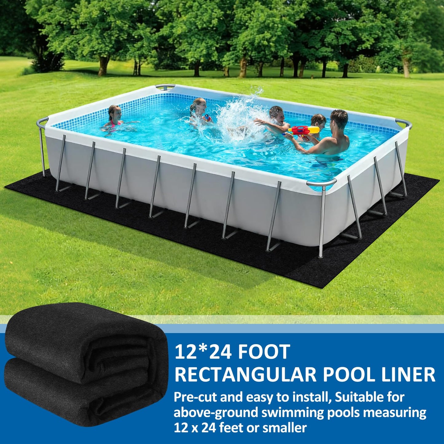 12x24ft Rectangle Pool Liner Pad for Above Ground Pools,300G/M² Thicker Pool Liner Pad, Durable Density Puncture Resistant Mat,Effortless to Install, Pools Bottom Liner Protector, Extend Liner Life