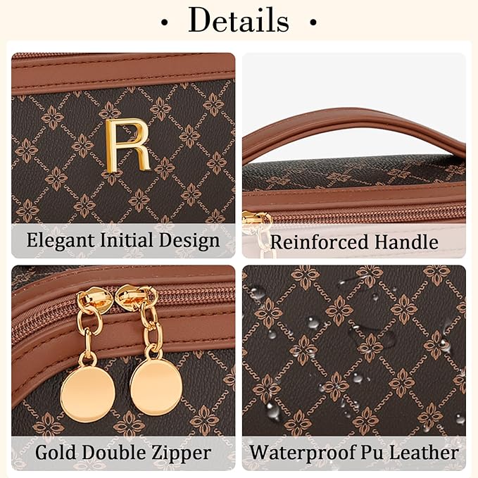 Birthday Gifts for Women Teen Girl, Personalized Initial Makeup Organizer Bag Set, Open Flat Travel Cosmetic Bag With Clear Divider and Handle(Coffee,R)