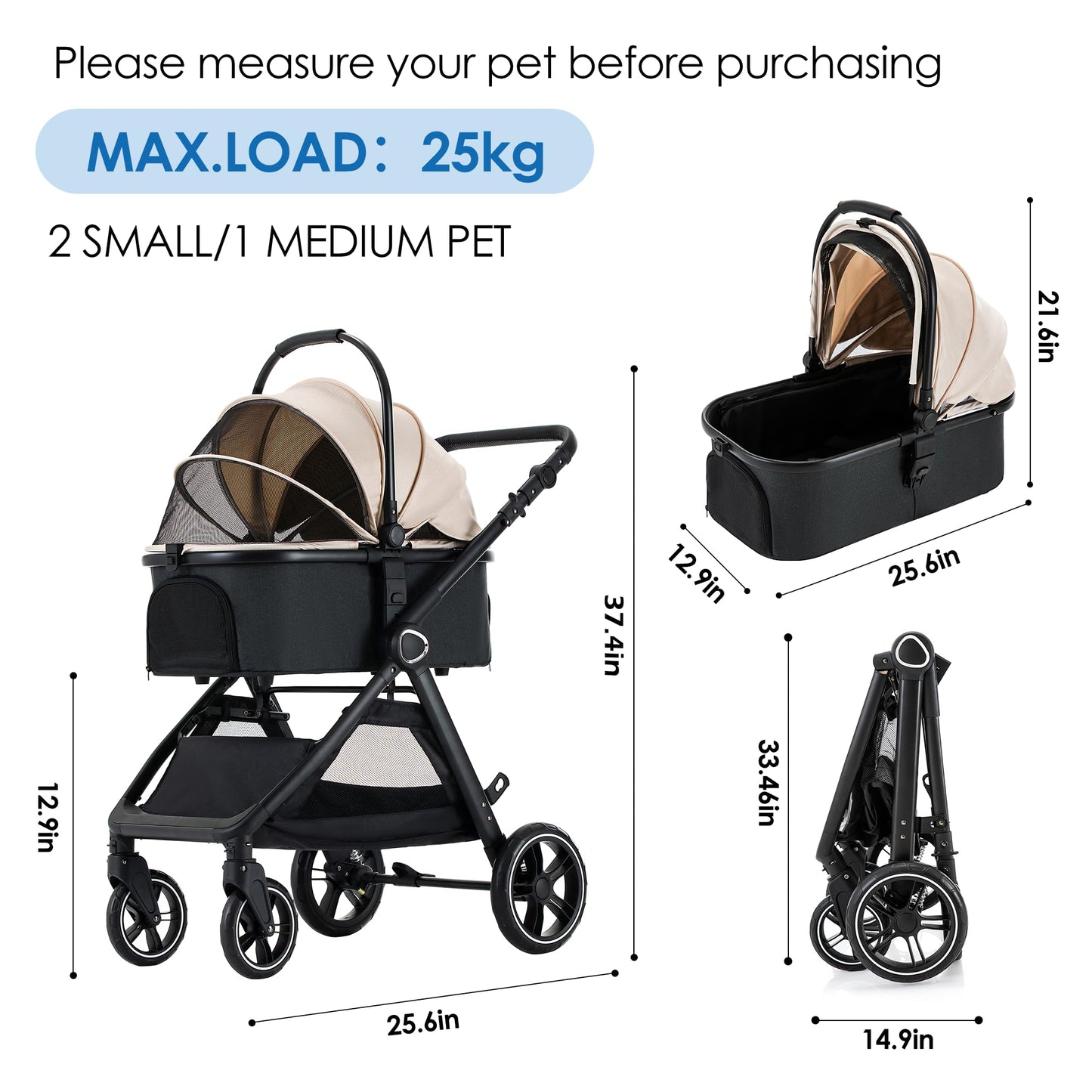 KAVELLIN Pet Stroller for Small/Medium Dogs, Foldable Dog Stroller with Detachable Carrier,3 in 1 Pet Stroller for Dogs Cats up to 50 lbs, Cup Holders,Easy Assembly, Black