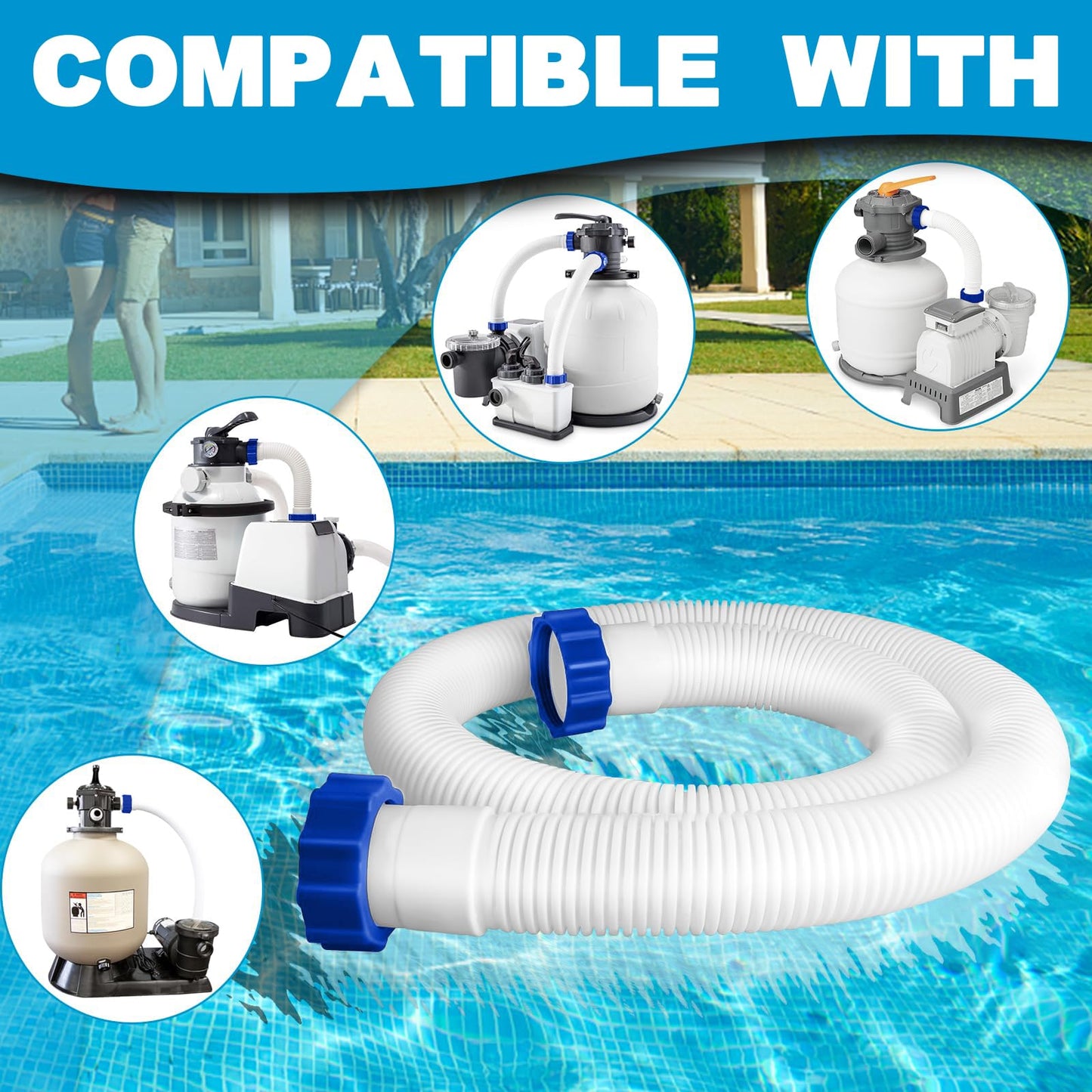 2 Pcs Pool Hoses for Above Ground Pools 1 1/2 Inch Diameter 59" Long Pool Pump Hose Replacement Filter Pump Hose Accessories