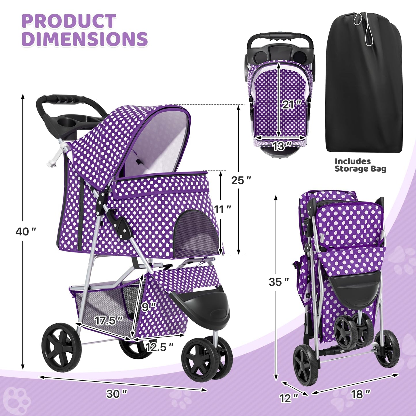 Magshion 3-Wheel Pet Stroller, Foldable Travel Jogger for Small & Medium Dogs & Cats (Up to 33lbs), Lightweight Carrier with Breathable Mesh Cover, Cup Holder & Storage Basket, Purple Polka Dots