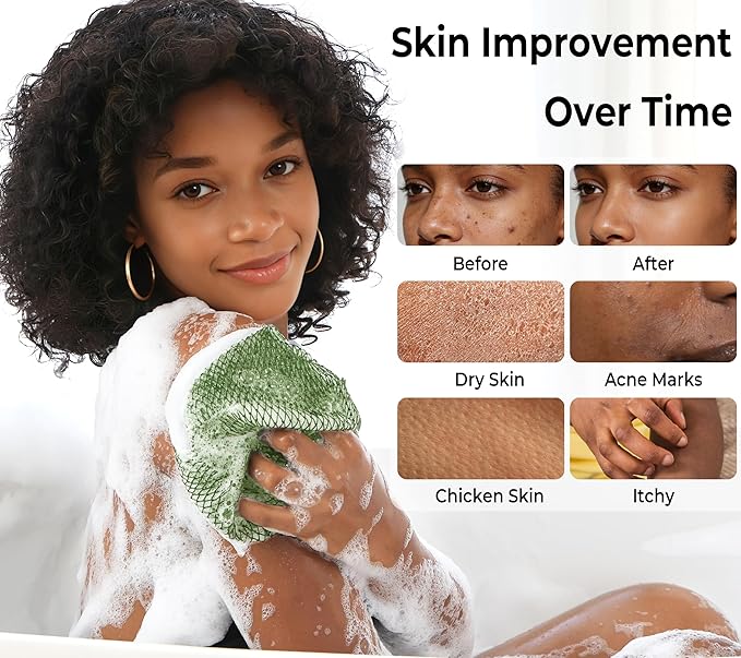 African Net Sponge Authentic -2 Pieces Exfoliating Scrubber for All Skin Types - Bath Washcloth Back Scrub for Shower - Body Exfoliator Sponge for Face & Body Care (Olive Green & Seawave)