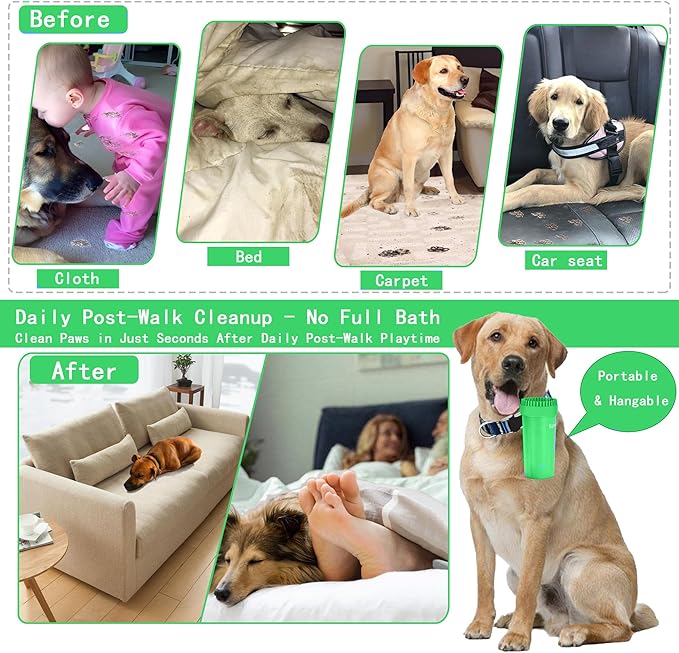 Dog Paw Cleaner Kit for Medium & Small Dogs - Quick Clean No Full Bath, 2-in-1 Paw Wash Cup with Detachable Silicone Brush Head, Includes Bath Brush & 3 Absorbent Towels, Green
