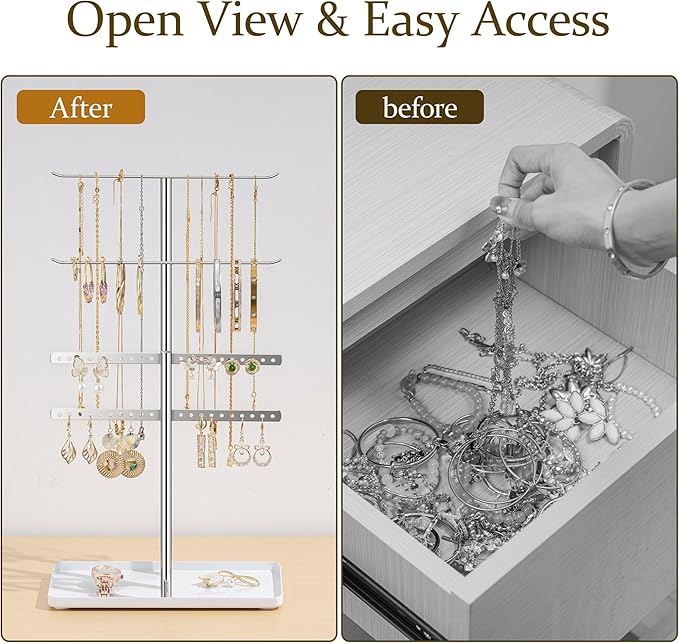 pickpiff Silver Jewelry Stand Holder Organizer: 14.5" Sturdy Hanger for 80 Pcs Jewelry, Jewlery Tower for Display Necklace, Earring, Bracelet, Watch