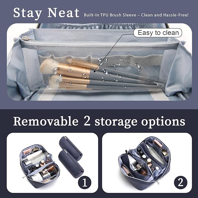 BOYATU Travel Makeup Bags for Women: Large Capacity Make up Bag with Wide Opening - 3 Pcs Set Waterproof Travel Toiletry Organizer for Full-Sized Bottles, Cosmetics & Brushes (Blue-W)