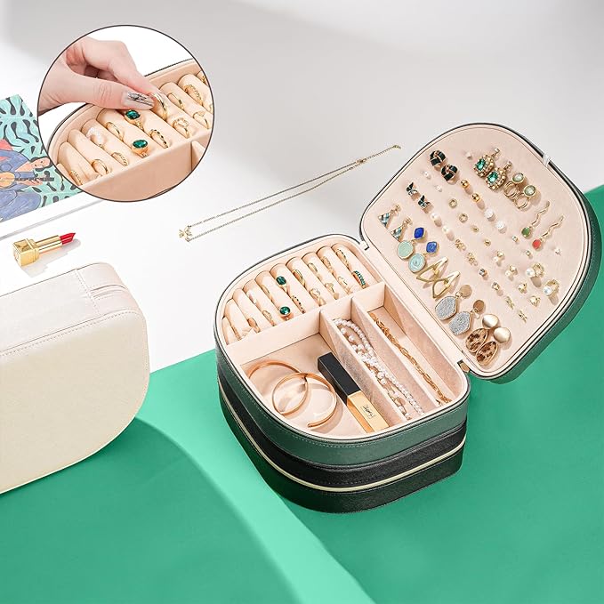 ProCase Travel Size Jewelry Box, Large Portable Seashell-Shaped Jewelry Case, 2 Layer Jewelry Organizer in PU Leather for Women -Emerald